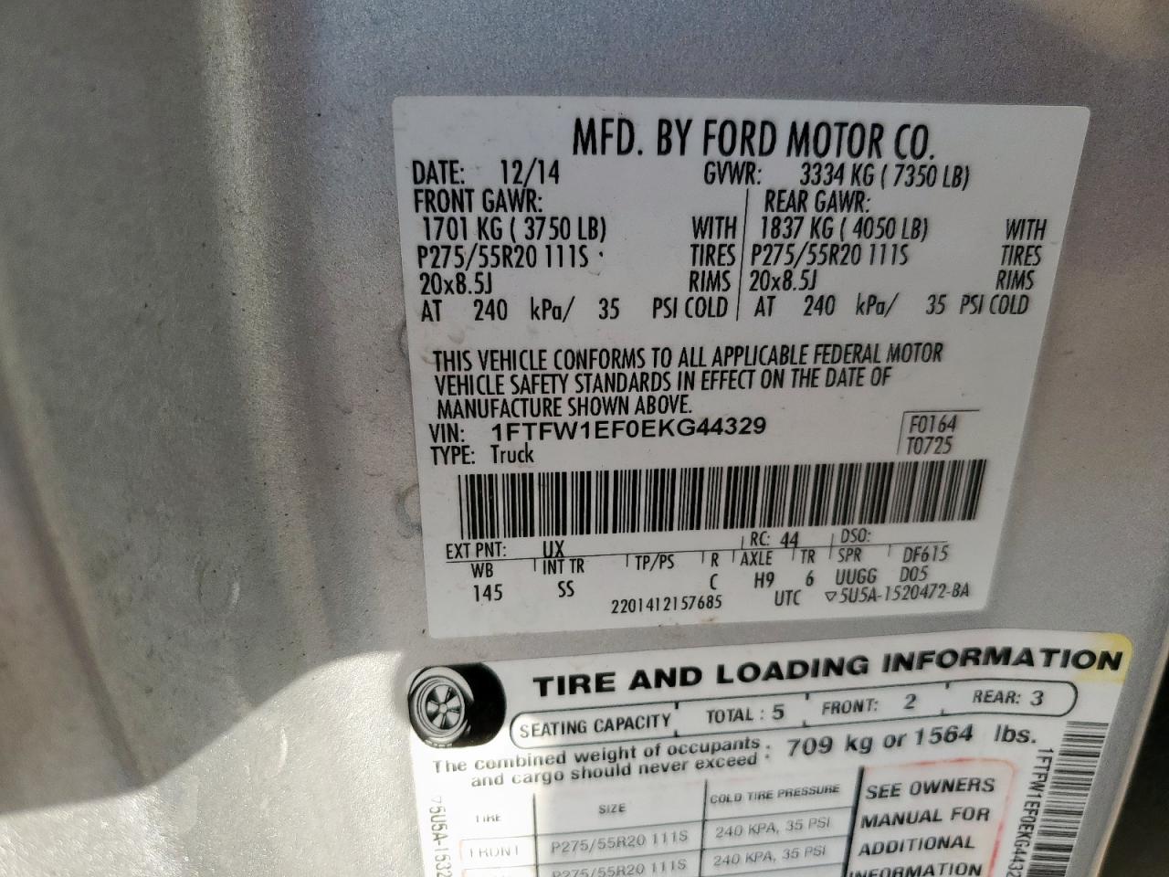 2014 Ford F150 Supercrew VIN: 1FTFW1EF0EKG44329 Lot: 85263155