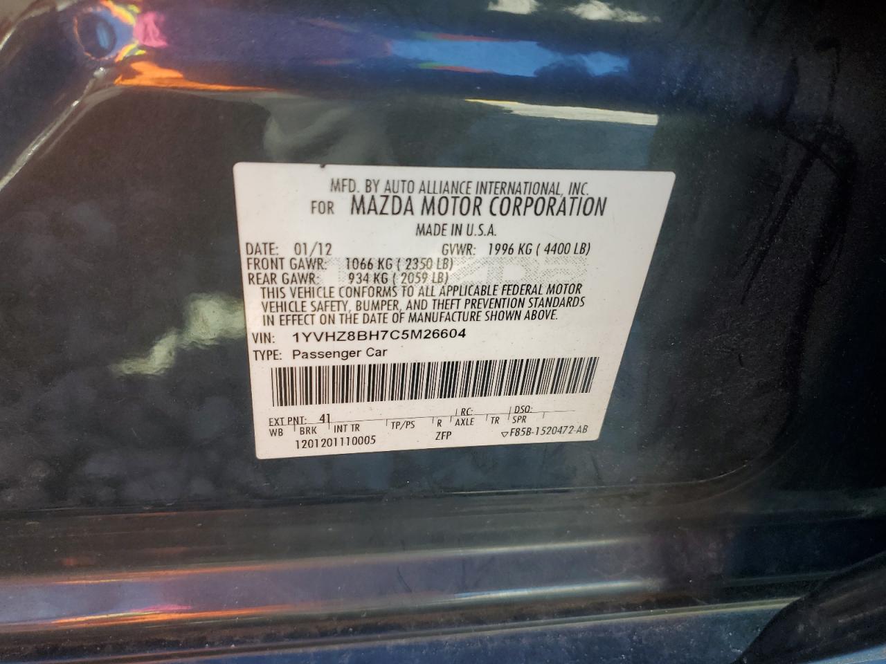 2012 Mazda 6 I VIN: 1YVHZ8BH7C5M26604 Lot: 87287165