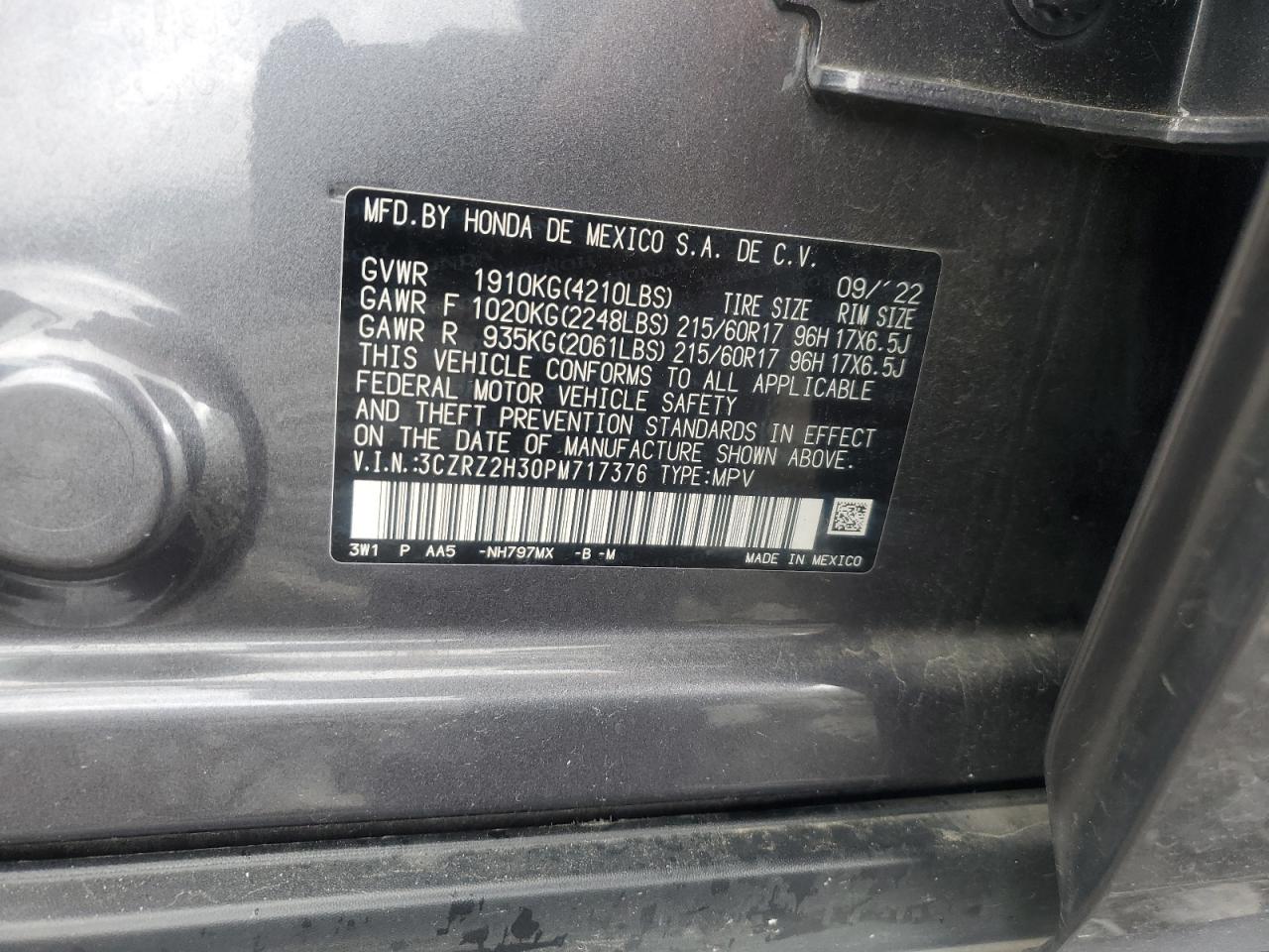 2023 Honda Hr-V Lx VIN: 3CZRZ2H30PM717376 Lot: 85485995