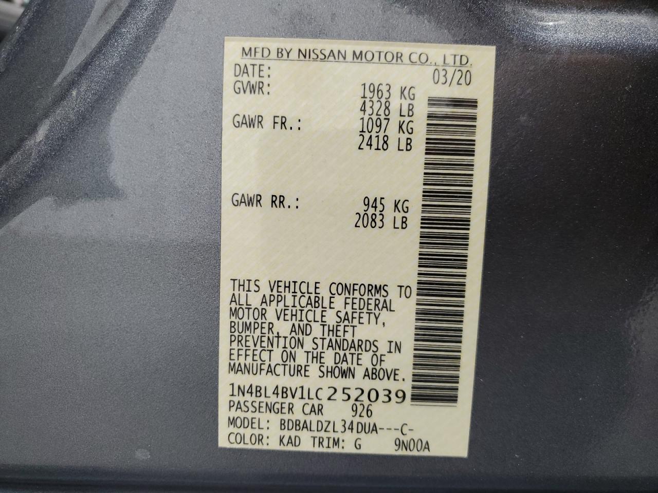 2020 Nissan Altima S VIN: 1N4BL4BV1LC252039 Lot: 90147655