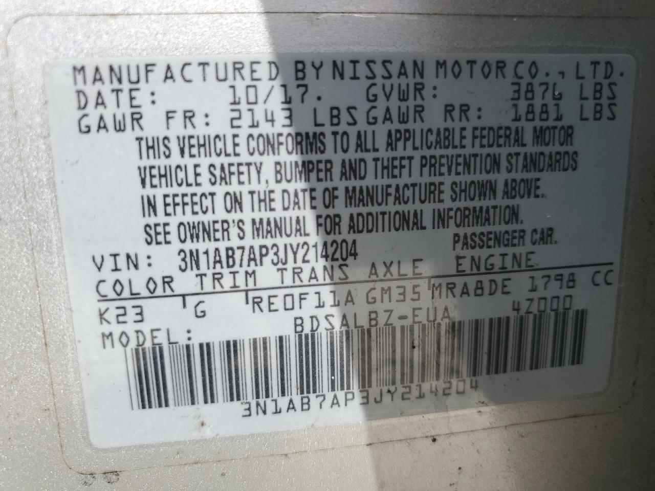 2018 Nissan Sentra S VIN: 3N1AB7AP3JY214204 Lot: 85089615