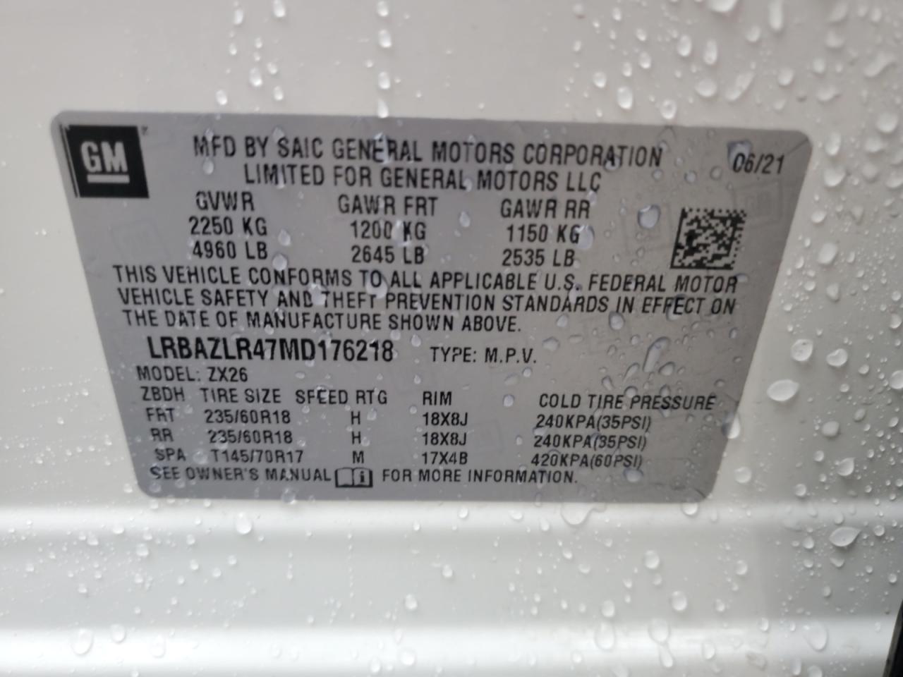 2021 Buick Envision Preferred VIN: LRBAZLR47MD176218 Lot: 90217585