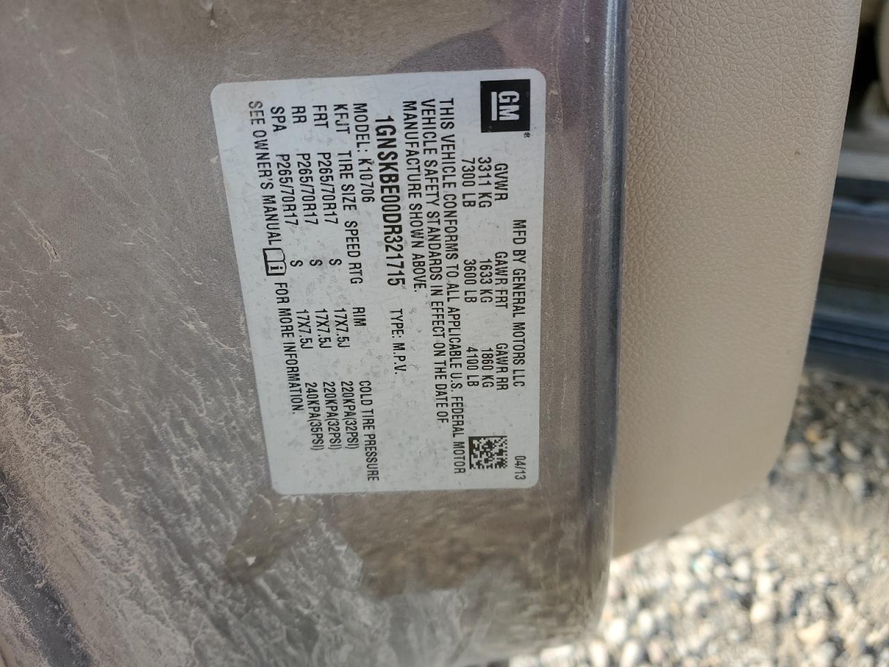 2013 Chevrolet Tahoe K1500 Lt VIN: 1GNSKBE00DR321715 Lot: 82404765