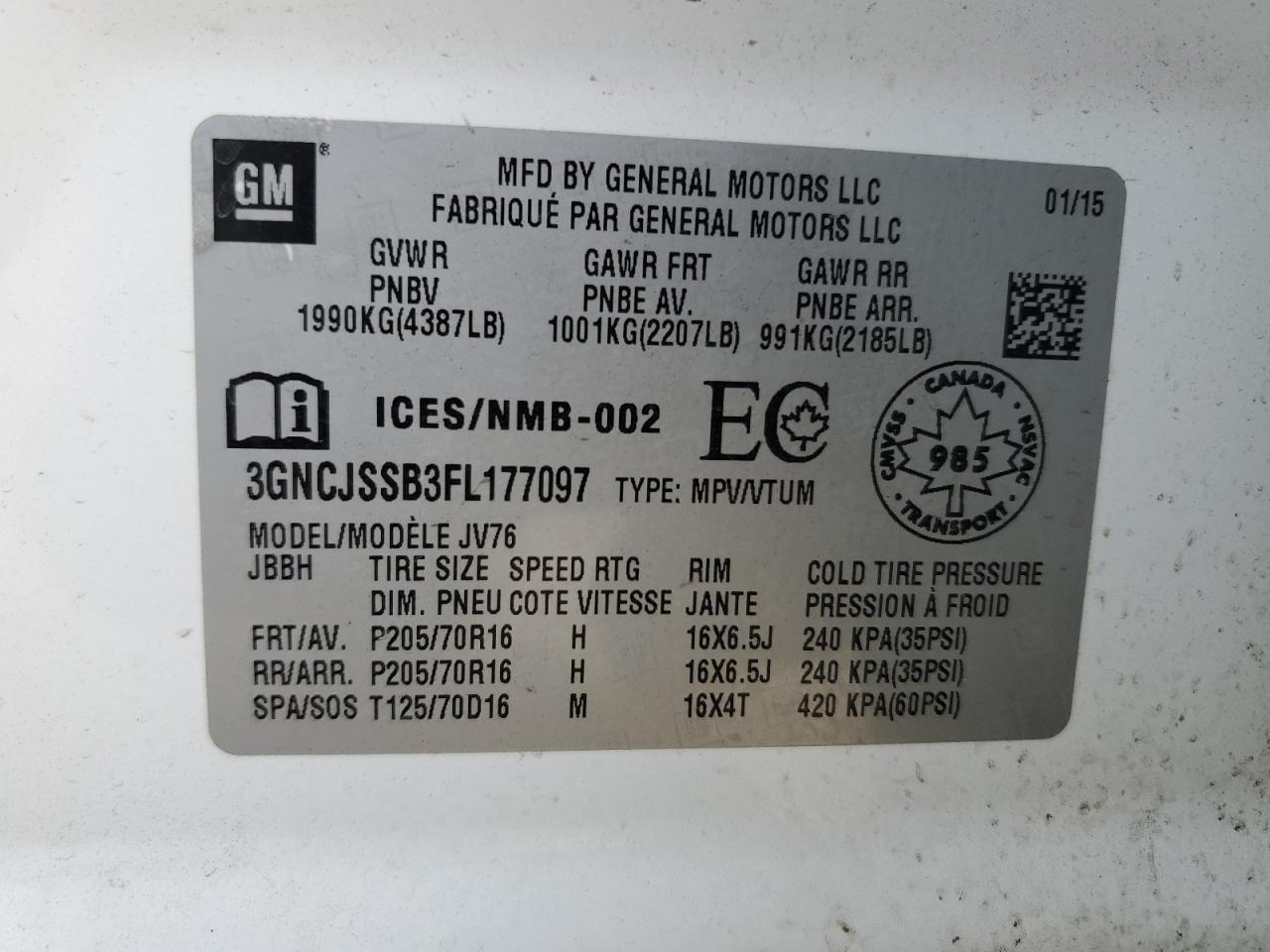 2015 Chevrolet Trax 2Lt VIN: 3GNCJSSB3FL177097 Lot: 85279305