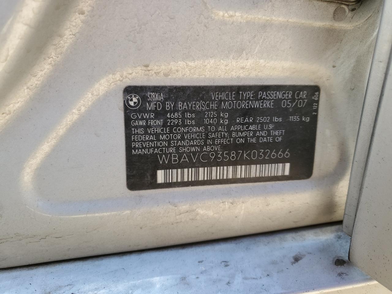 2007 BMW 328 Xi VIN: WBAVC93587K032666 Lot: 81962175