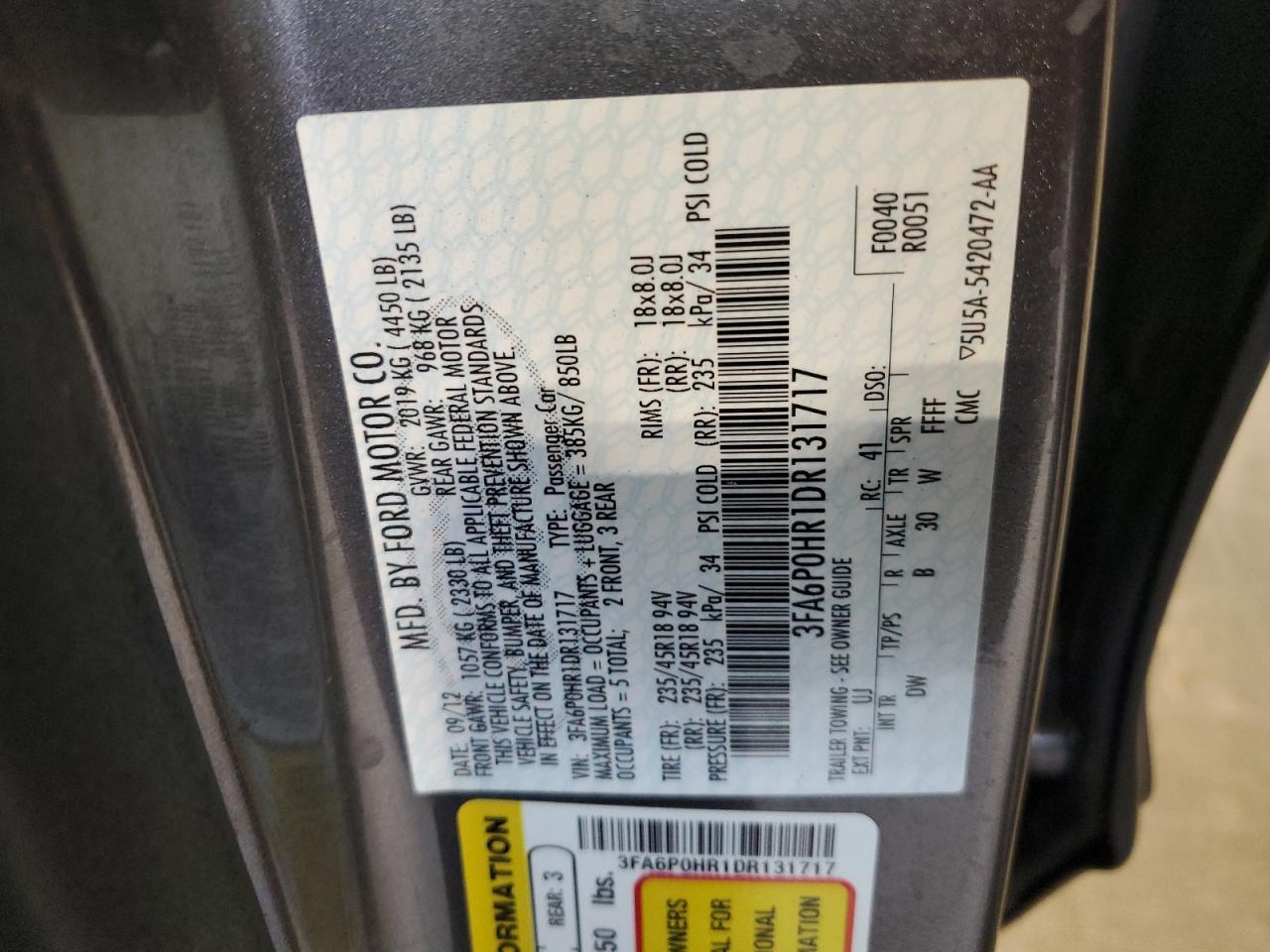 2013 Ford Fusion Se VIN: 3FA6P0HR1DR131717 Lot: 82185615