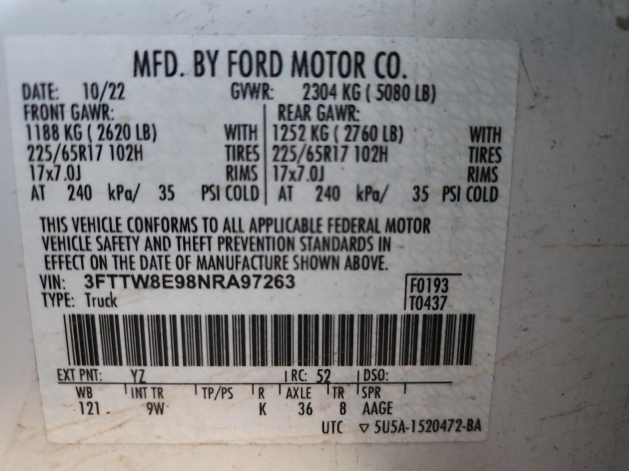 2022 Ford Maverick Xl VIN: 3FTTW8E98NRA97263 Lot: 86168815