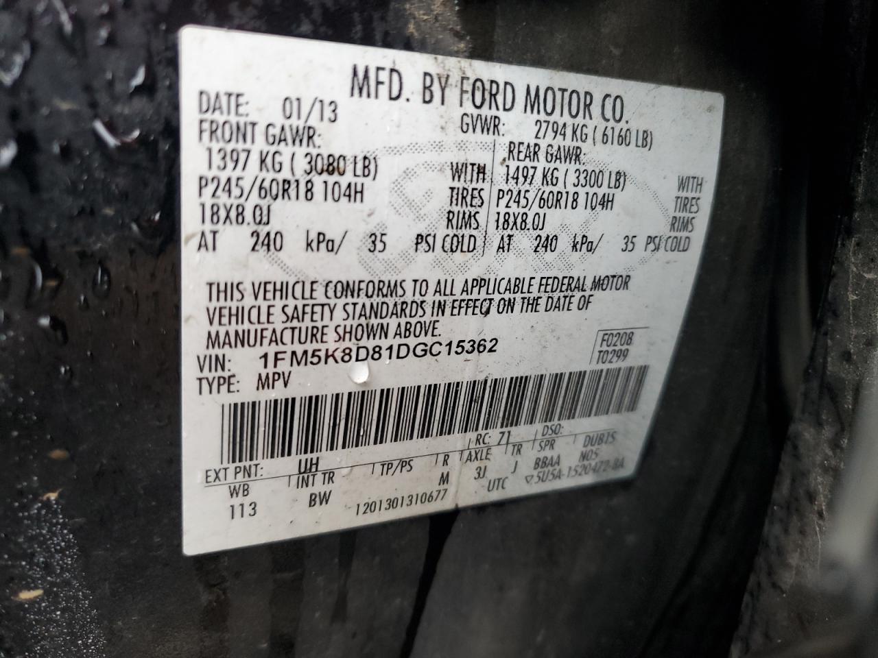 2013 Ford Explorer Xlt VIN: 1FM5K8D81DGC15362 Lot: 84283025