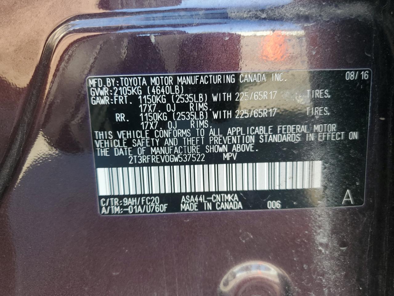 2016 Toyota Rav4 Xle VIN: 2T3RFREV0GW537522 Lot: 82352235