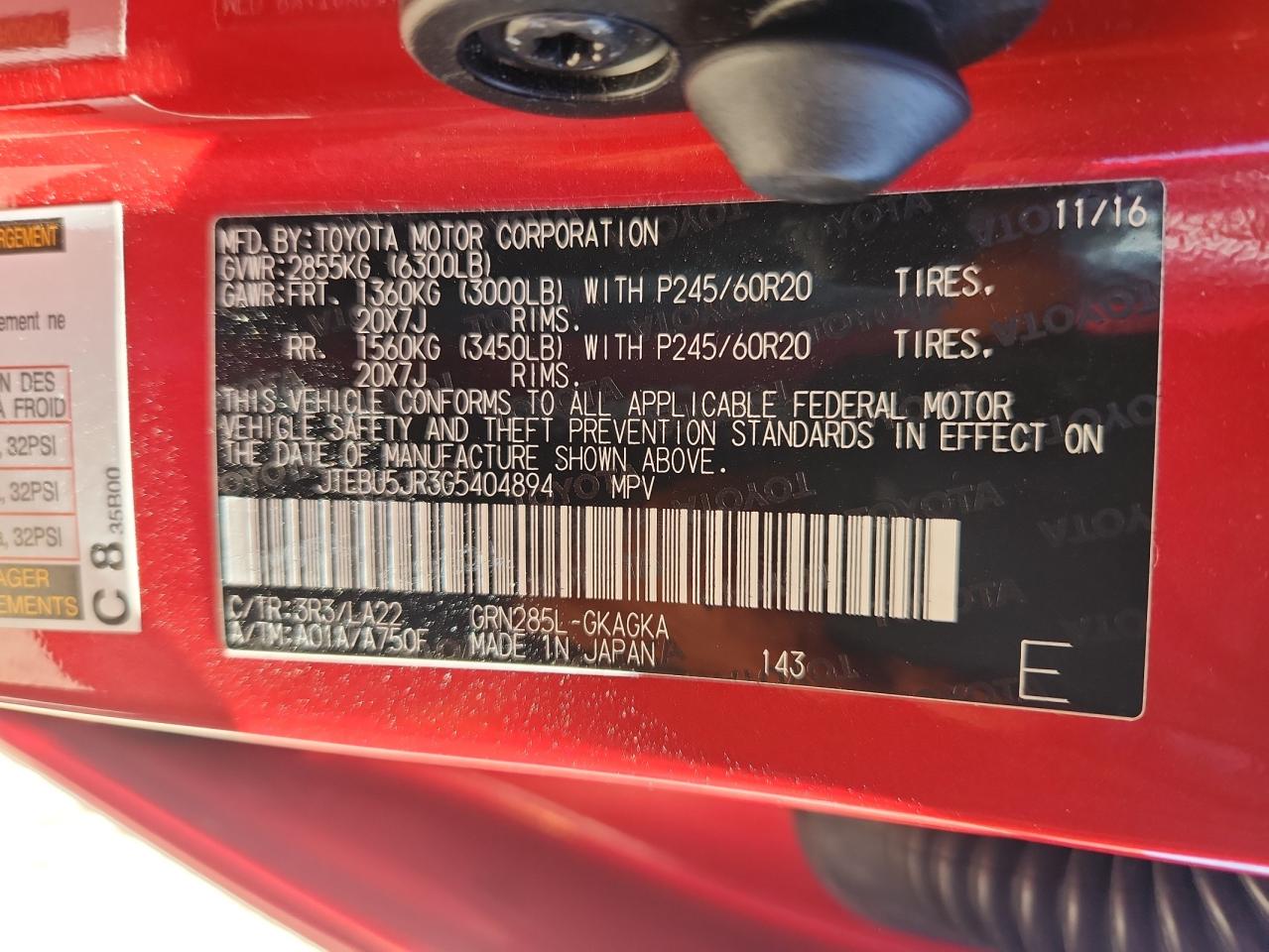 2016 Toyota 4Runner Sr5/Sr5 Premium VIN: JTEBU5JR3G5404894 Lot: 86143165