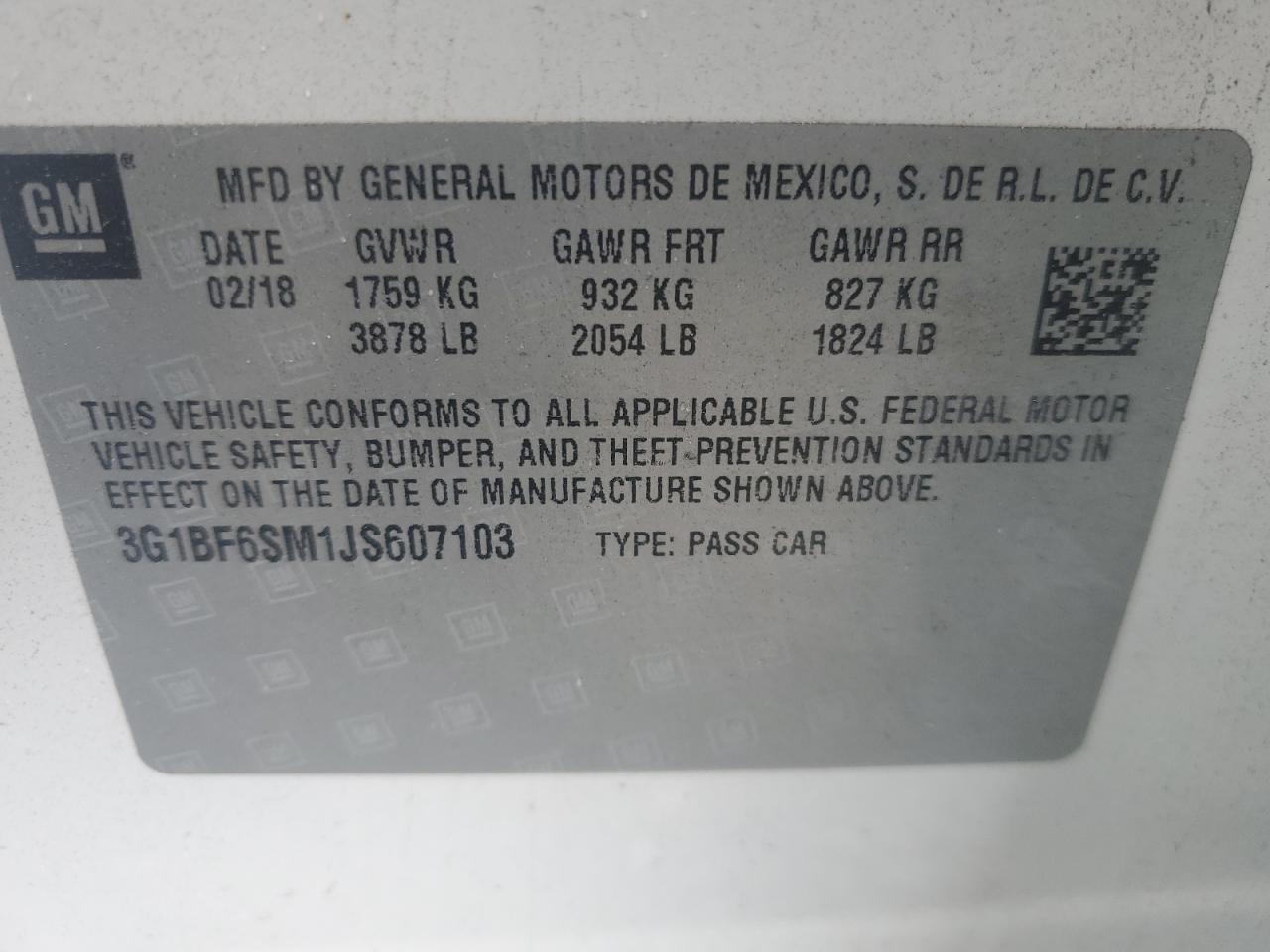 2018 Chevrolet Cruze Premier VIN: 3G1BF6SM1JS607103 Lot: 86512315