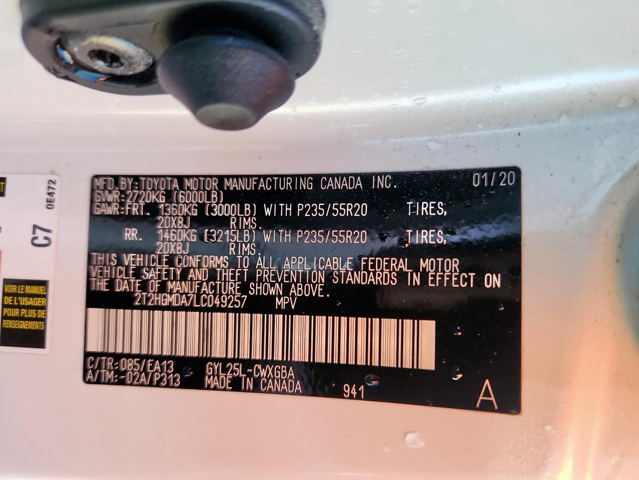 2020 Lexus Rx 450H VIN: 2T2HGMDA7LC049257 Lot: 85484785