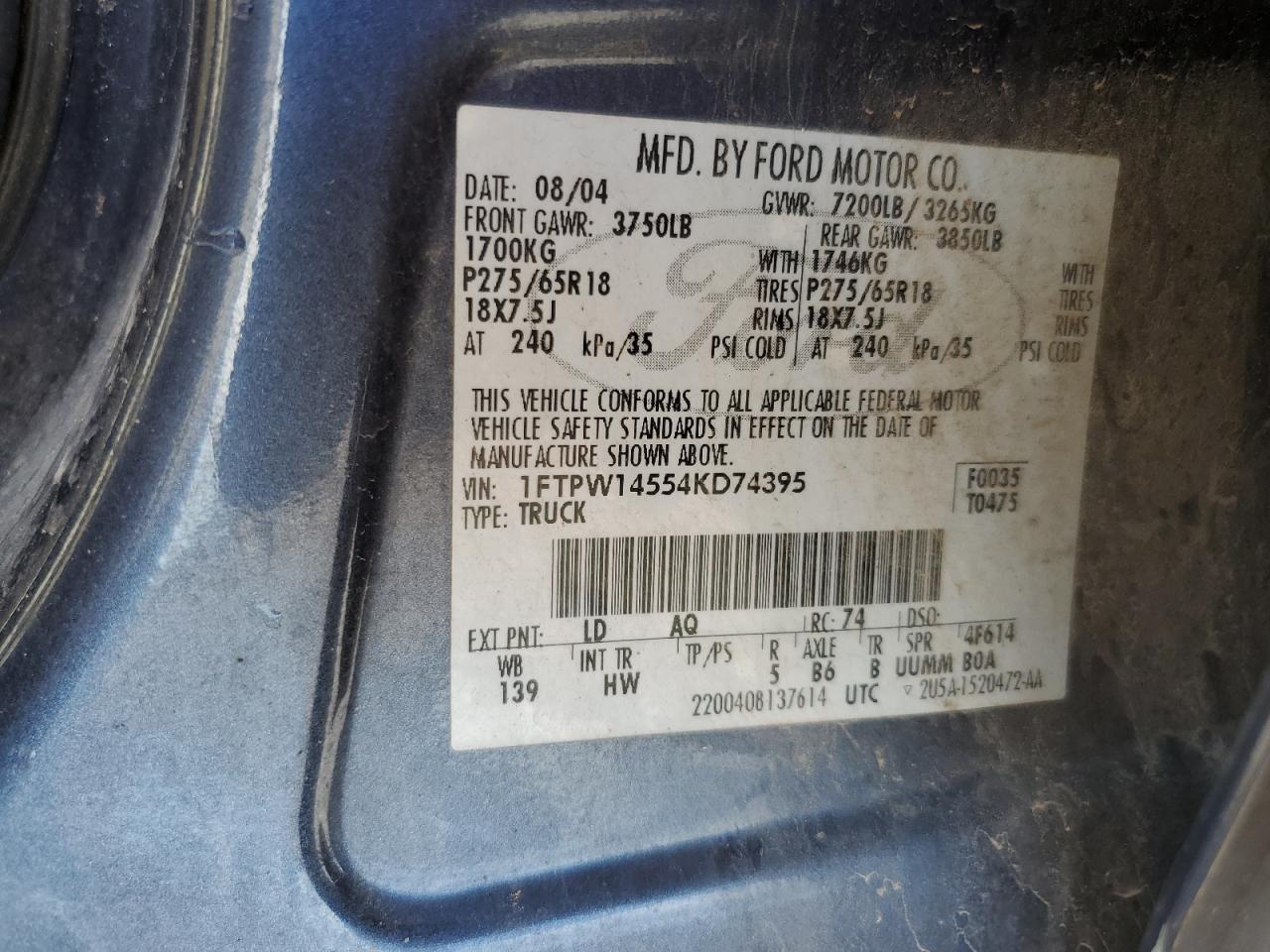 2004 Ford F150 Supercrew VIN: 1FTPW14554KD74395 Lot: 82449375