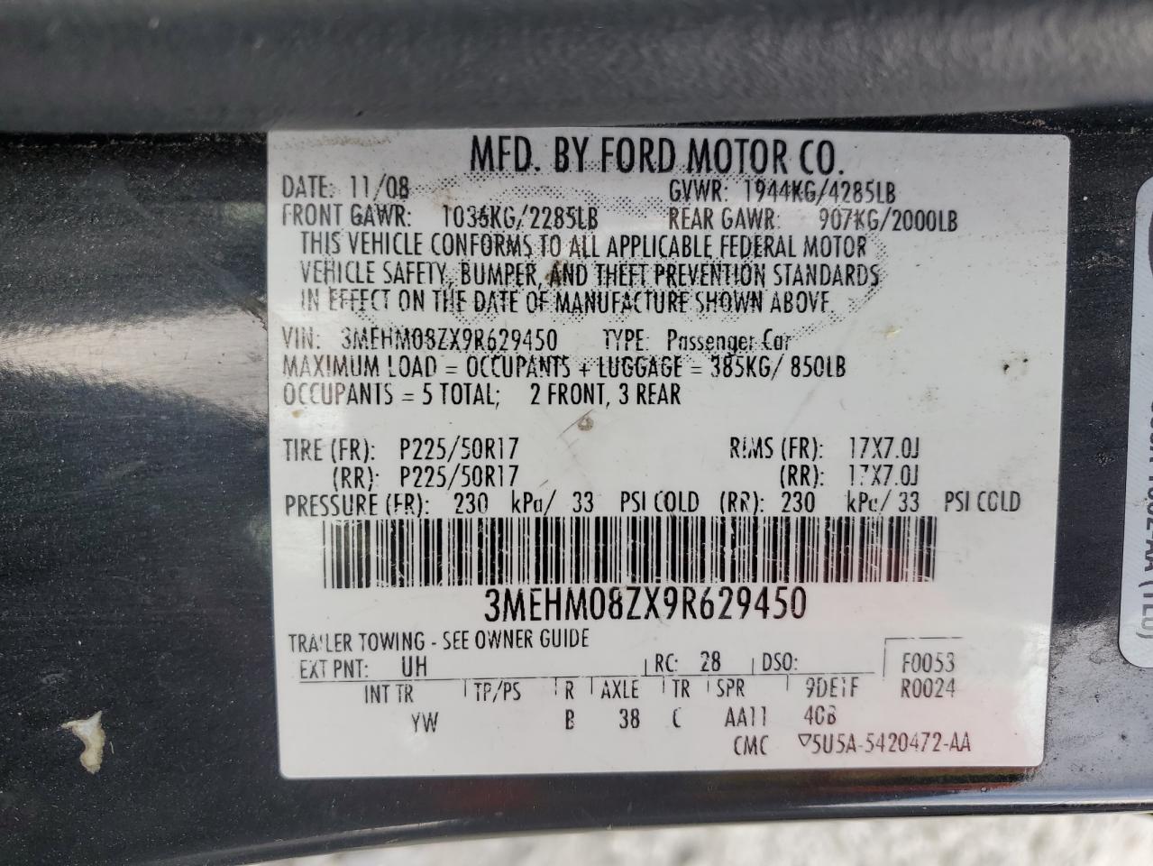 2009 Mercury Milan Premier VIN: 3MEHM08ZX9R629450 Lot: 86162095