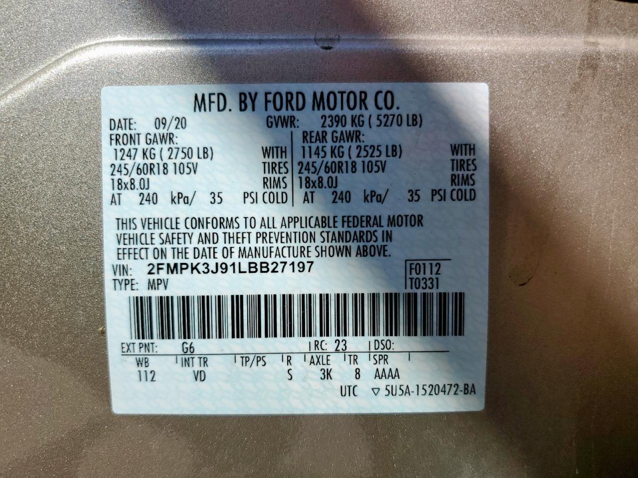 2020 Ford Edge Sel VIN: 2FMPK3J91LBB27197 Lot: 82307075