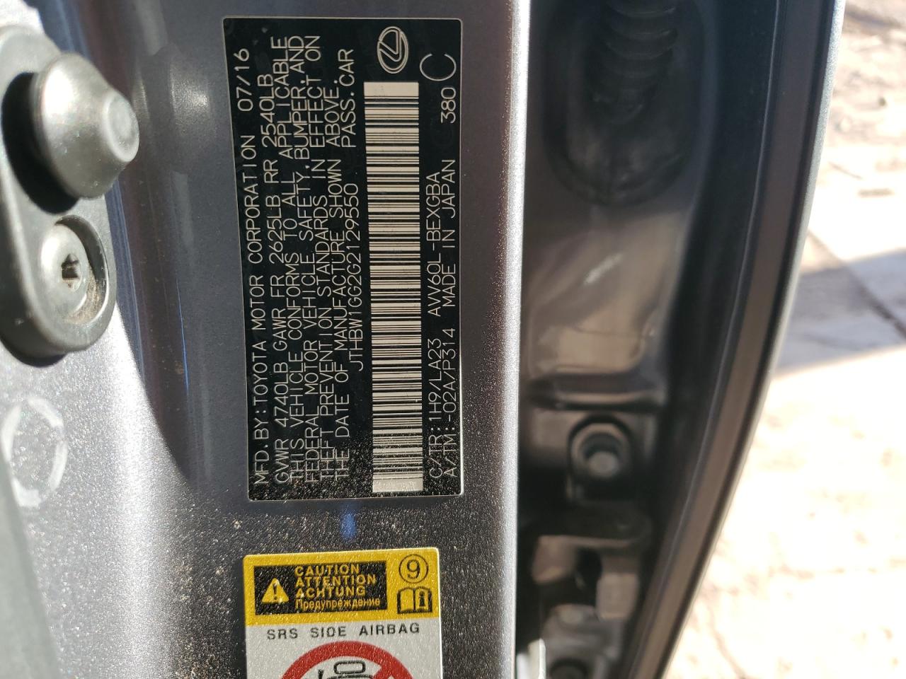 2016 Lexus Es 300H VIN: JTHBW1GG2G2129550 Lot: 84573055