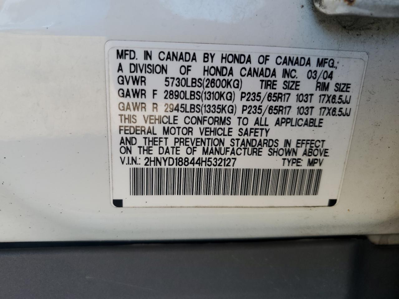 2004 Acura Mdx Touring VIN: 2HNYD18844H532127 Lot: 82383515