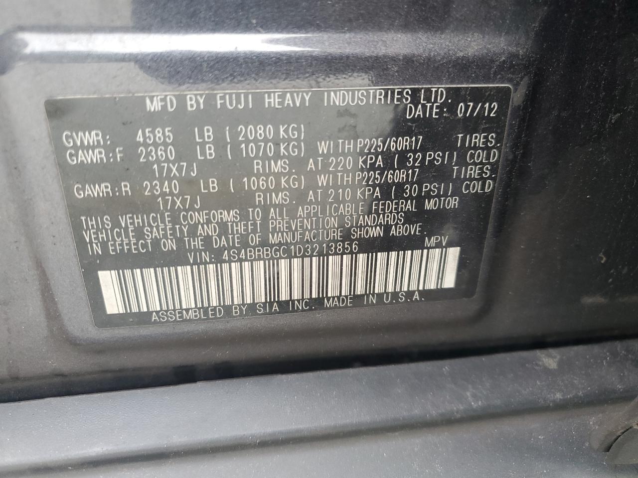 2013 Subaru Outback 2.5I Premium VIN: 4S4BRBGC1D3213856 Lot: 81848235