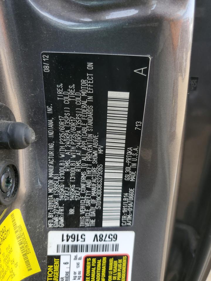 2012 Toyota Sienna Xle VIN: 5TDYK3DC8CS279265 Lot: 82003505