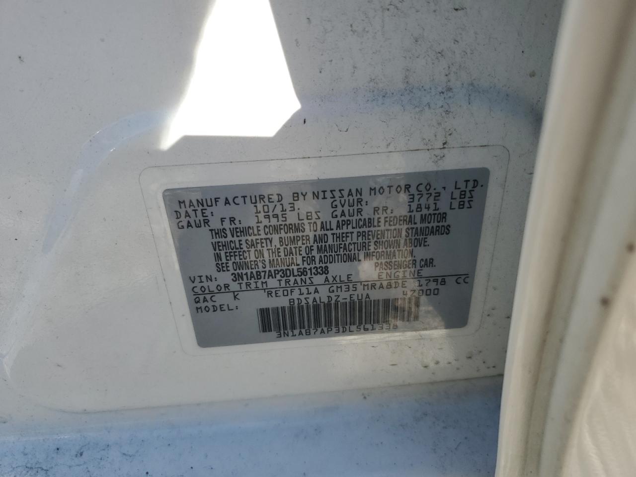 2013 Nissan Sentra S VIN: 3N1AB7AP3DL561338 Lot: 86118915