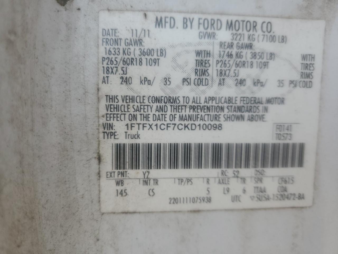 2012 Ford F150 Super Cab VIN: 1FTFX1CF7CKD10098 Lot: 82253605