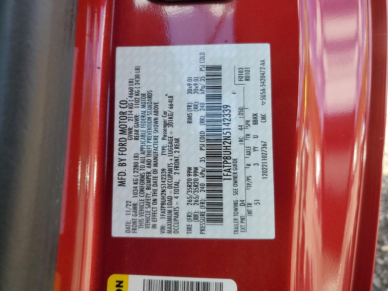 2022 Ford Mustang VIN: 1FATP8UH2N5142339 Lot: 87391225