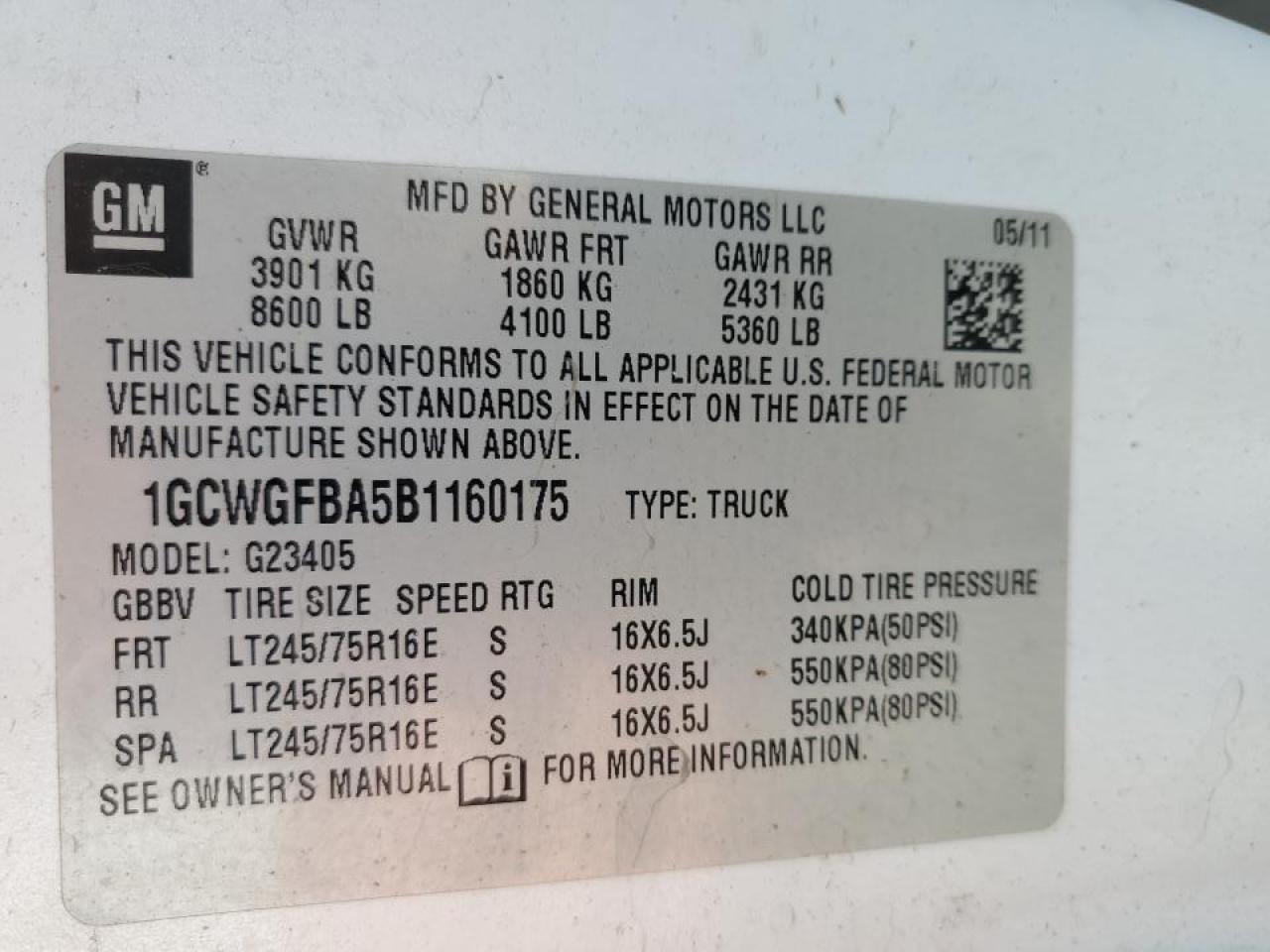 2011 Chevrolet Express Delivery Van VIN: 1GCWGFBA5B1160175 Lot: 87423135