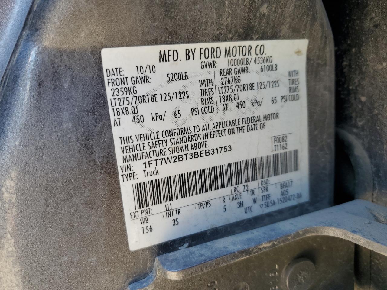 2011 Ford F250 Super Duty VIN: 1FT7W2BT3BEB31753 Lot: 84718545