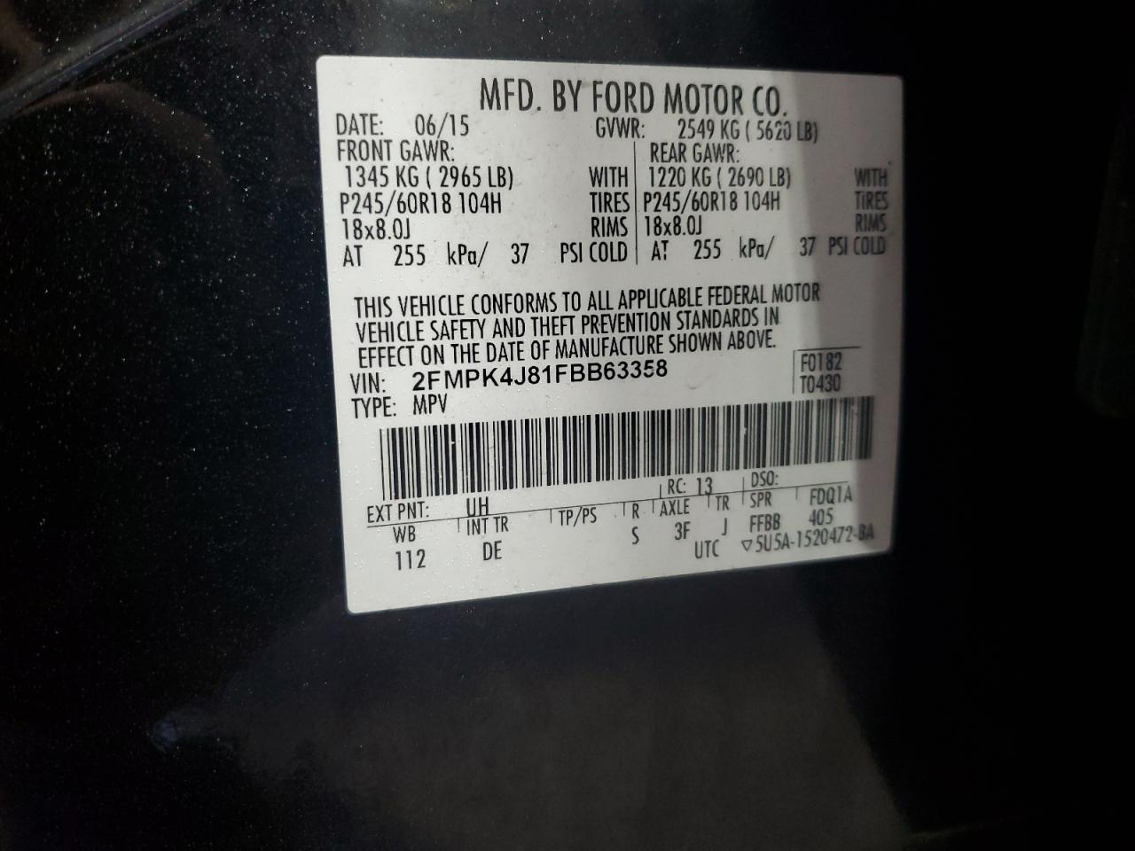 2015 Ford Edge Sel VIN: 2FMPK4J81FBB63358 Lot: 85574815