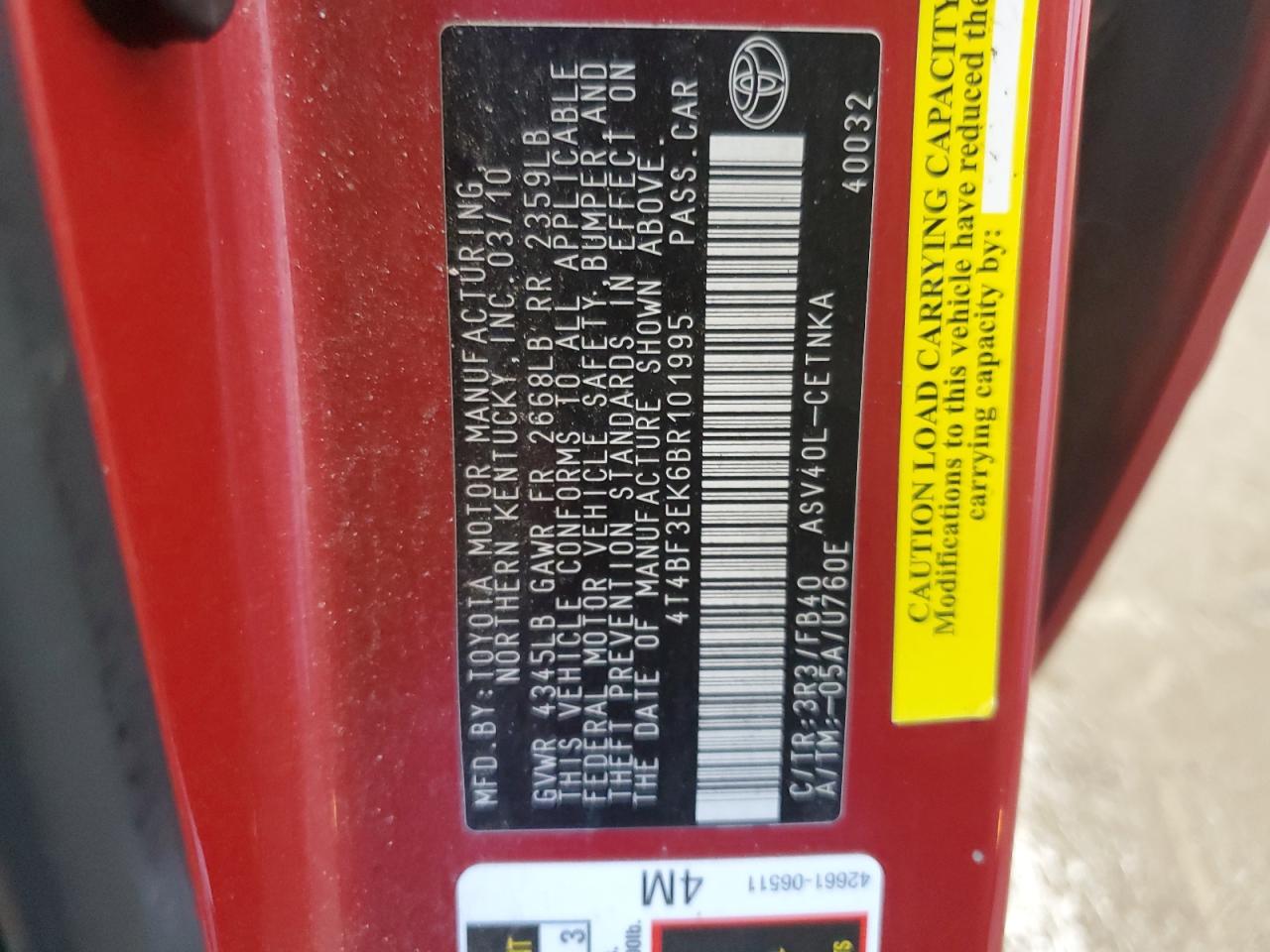 2011 Toyota Camry Base VIN: 4T4BF3EK6BR101995 Lot: 84813095