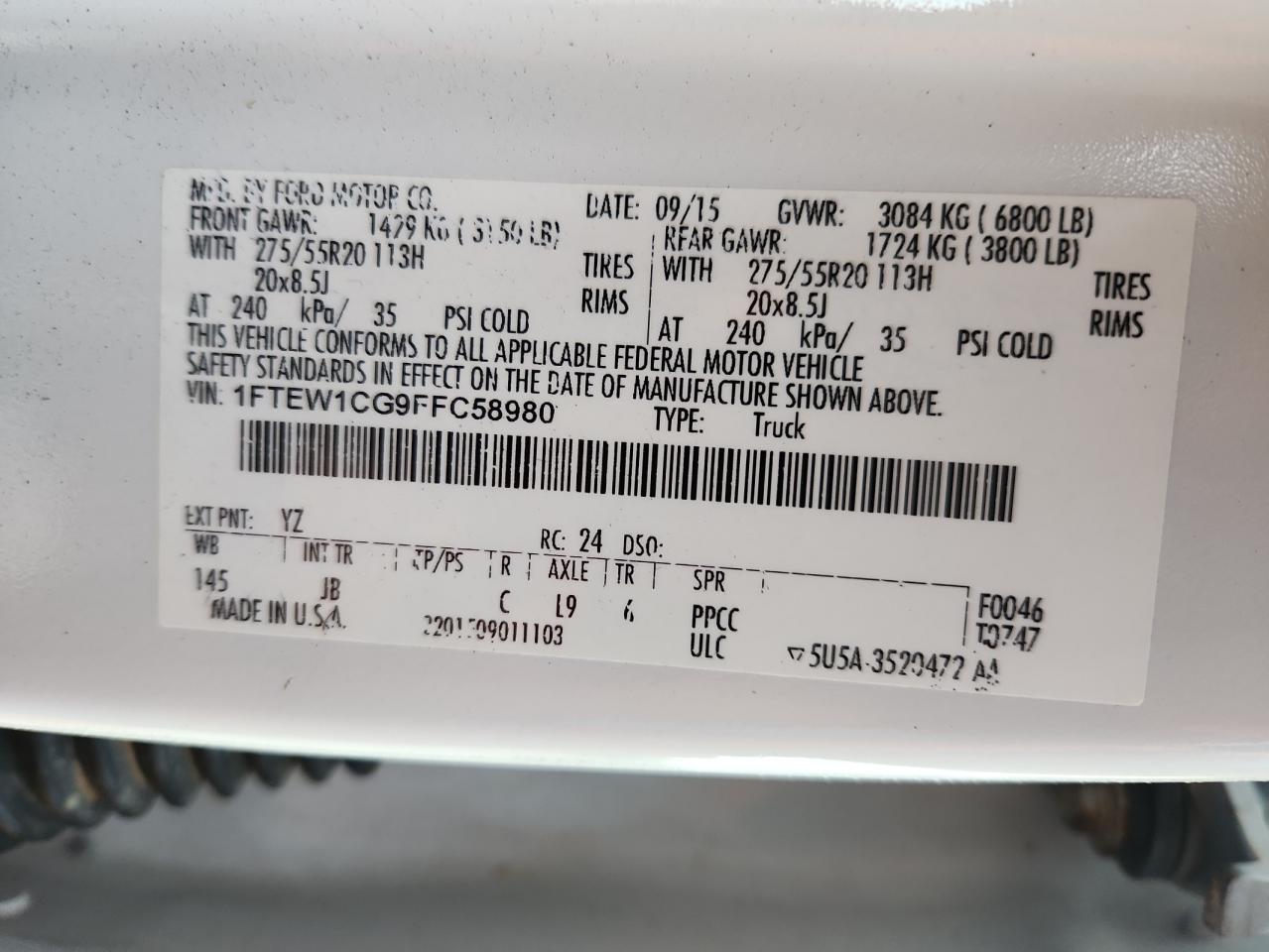 2015 Ford F150 Supercrew VIN: 1FTEW1CG9FFC58980 Lot: 87282575