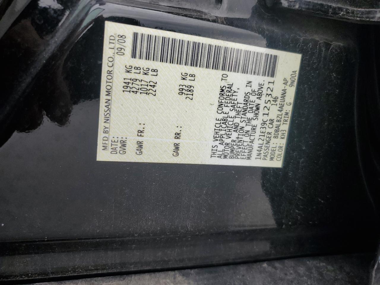 2009 Nissan Altima 2.5 VIN: 1N4AL21E39C125321 Lot: 82271865