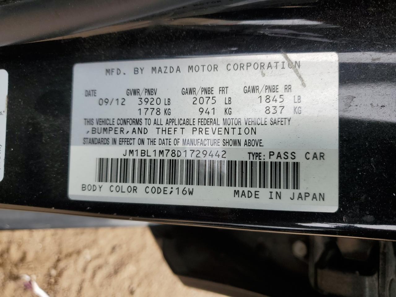 2013 Mazda 3 I VIN: JM1BL1M78D1729442 Lot: 86255685