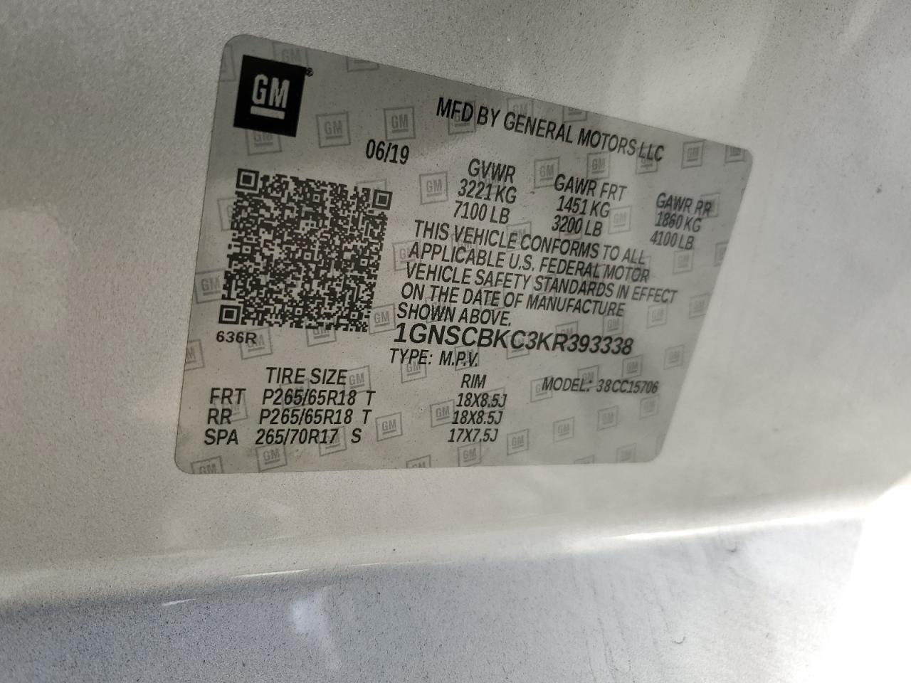 2019 Chevrolet Tahoe C1500 Lt VIN: 1GNSCBKC3KR393338 Lot: 85341565