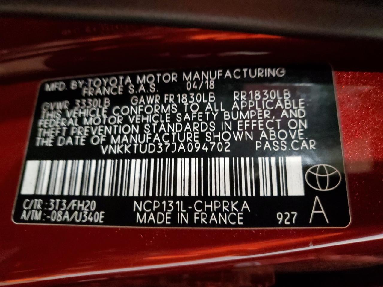 2018 Toyota Yaris L VIN: VNKKTUD37JA094702 Lot: 82314775