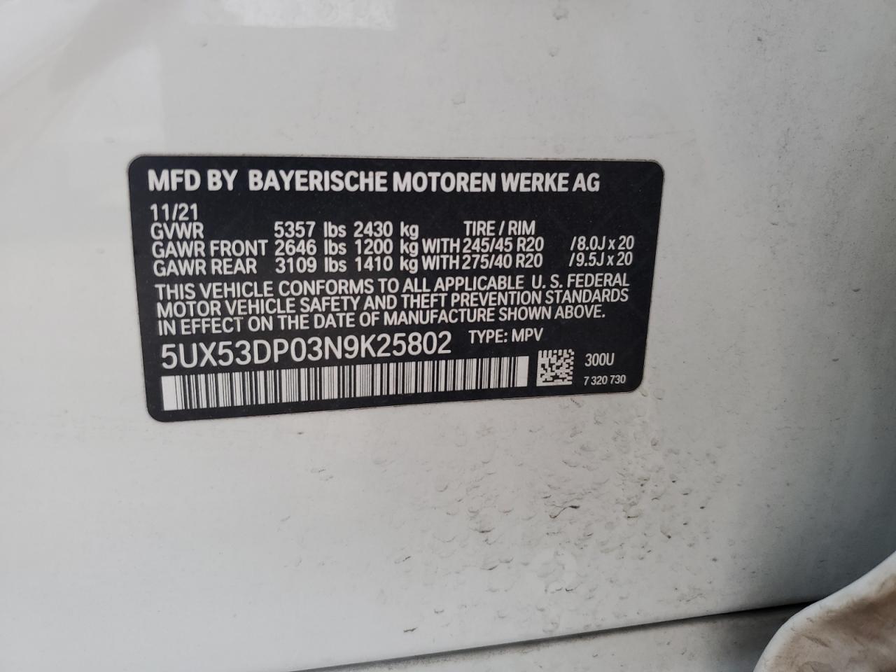 2022 BMW X3 xDrive30I VIN: 5UX53DP03N9K25802 Lot: 86486325