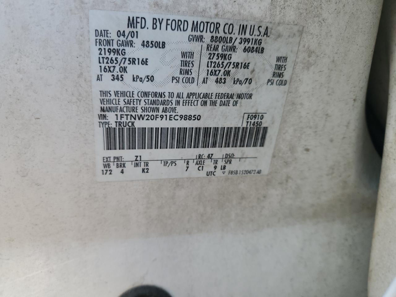 2001 Ford F250 Super Duty VIN: 1FTNW20F91EC98850 Lot: 90901105