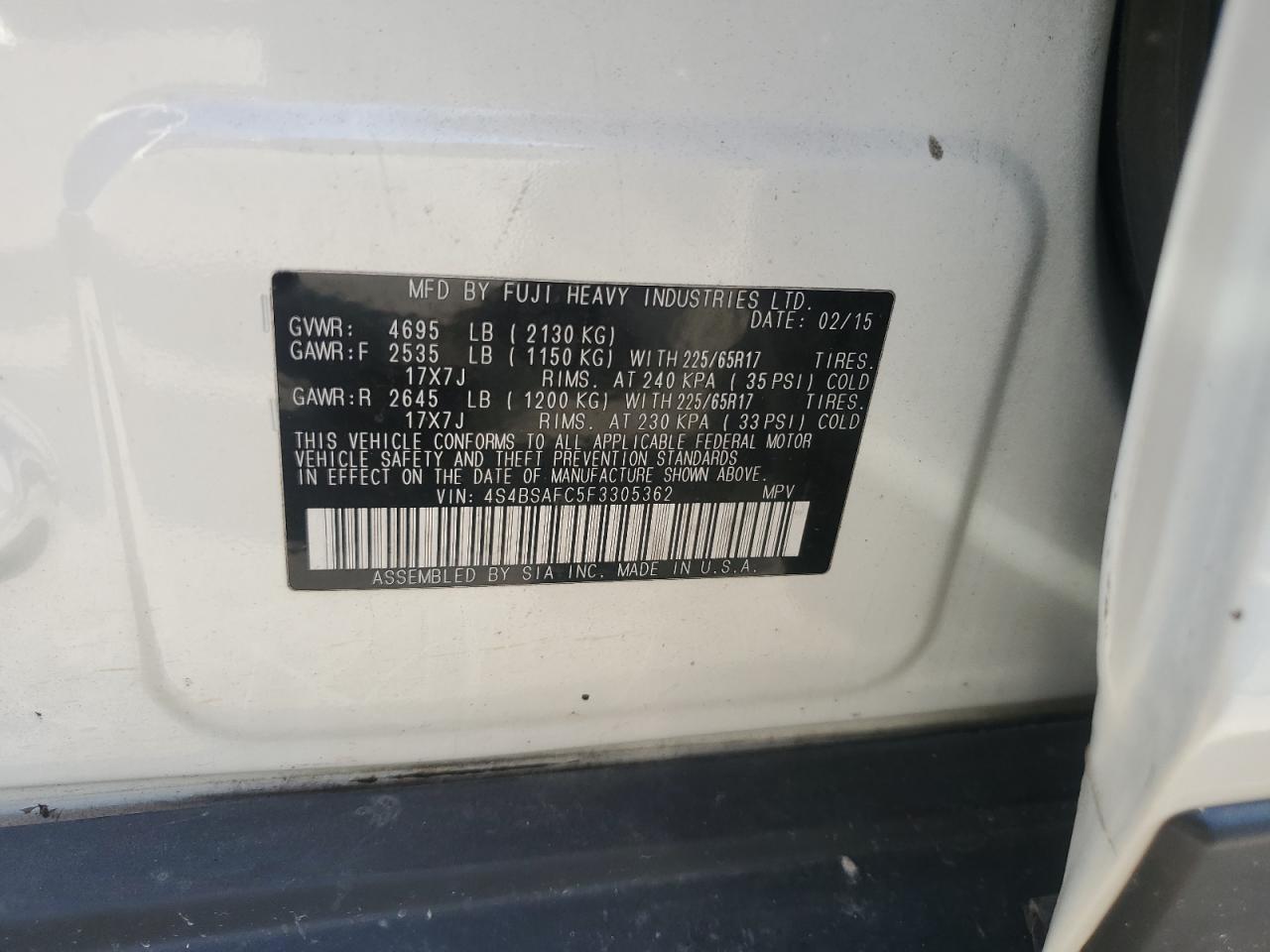 2015 Subaru Outback 2.5I Premium VIN: 4S4BSAFC5F3305362 Lot: 84767955