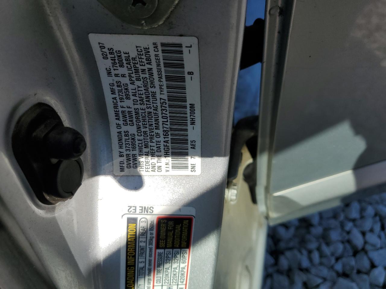 2007 Honda Civic Ex VIN: 1HGFA16877L073757 Lot: 86101425