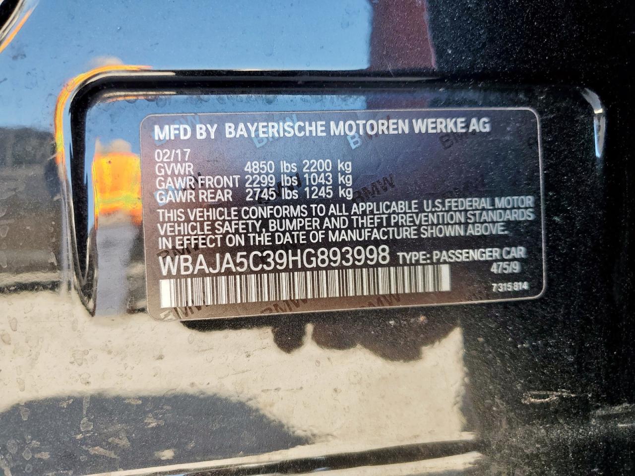 2017 BMW 530 I VIN: WBAJA5C39HG893998 Lot: 82451965