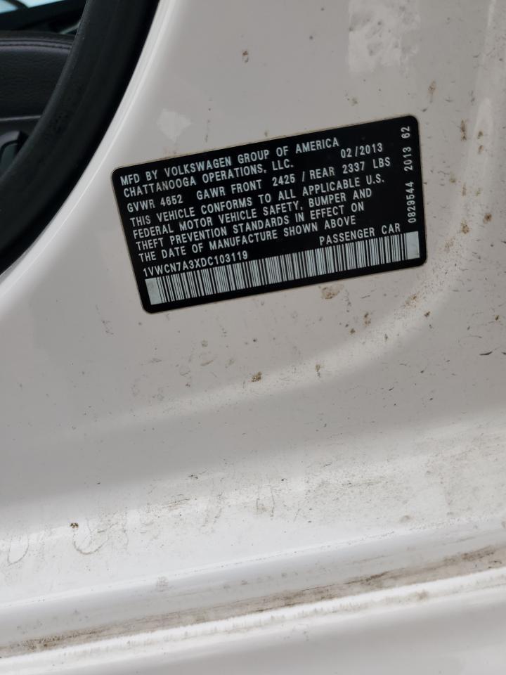 2013 Volkswagen Passat Sel VIN: 1VWCN7A3XDC103119 Lot: 86131985