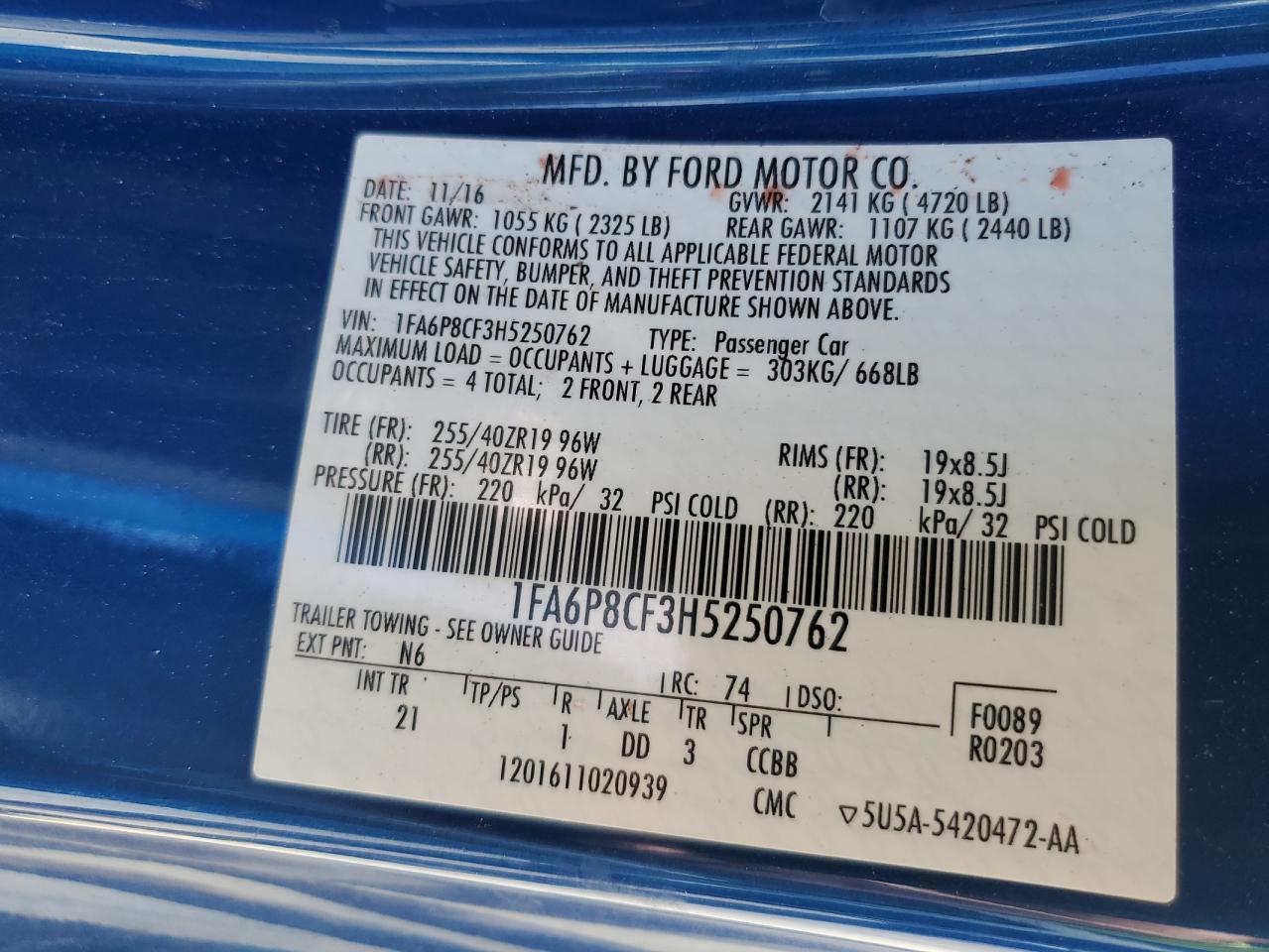 2017 Ford Mustang Gt VIN: 1FA6P8CF3H5250762 Lot: 84913395