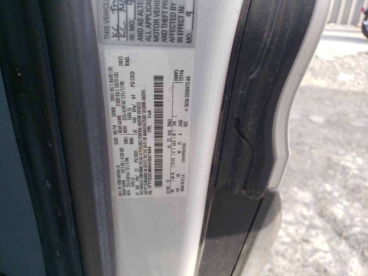 2019 Ford Transit T-150 VIN: 1FTYE2CM0KKB67884 Lot: 85543365