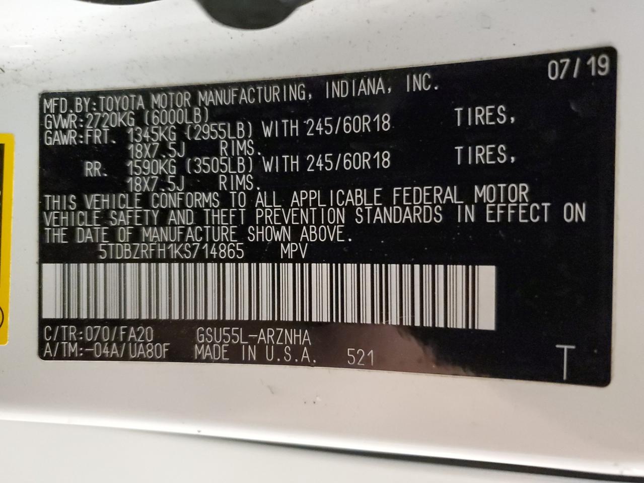 2019 Toyota Highlander Le VIN: 5TDBZRFH1KS714865 Lot: 84571525