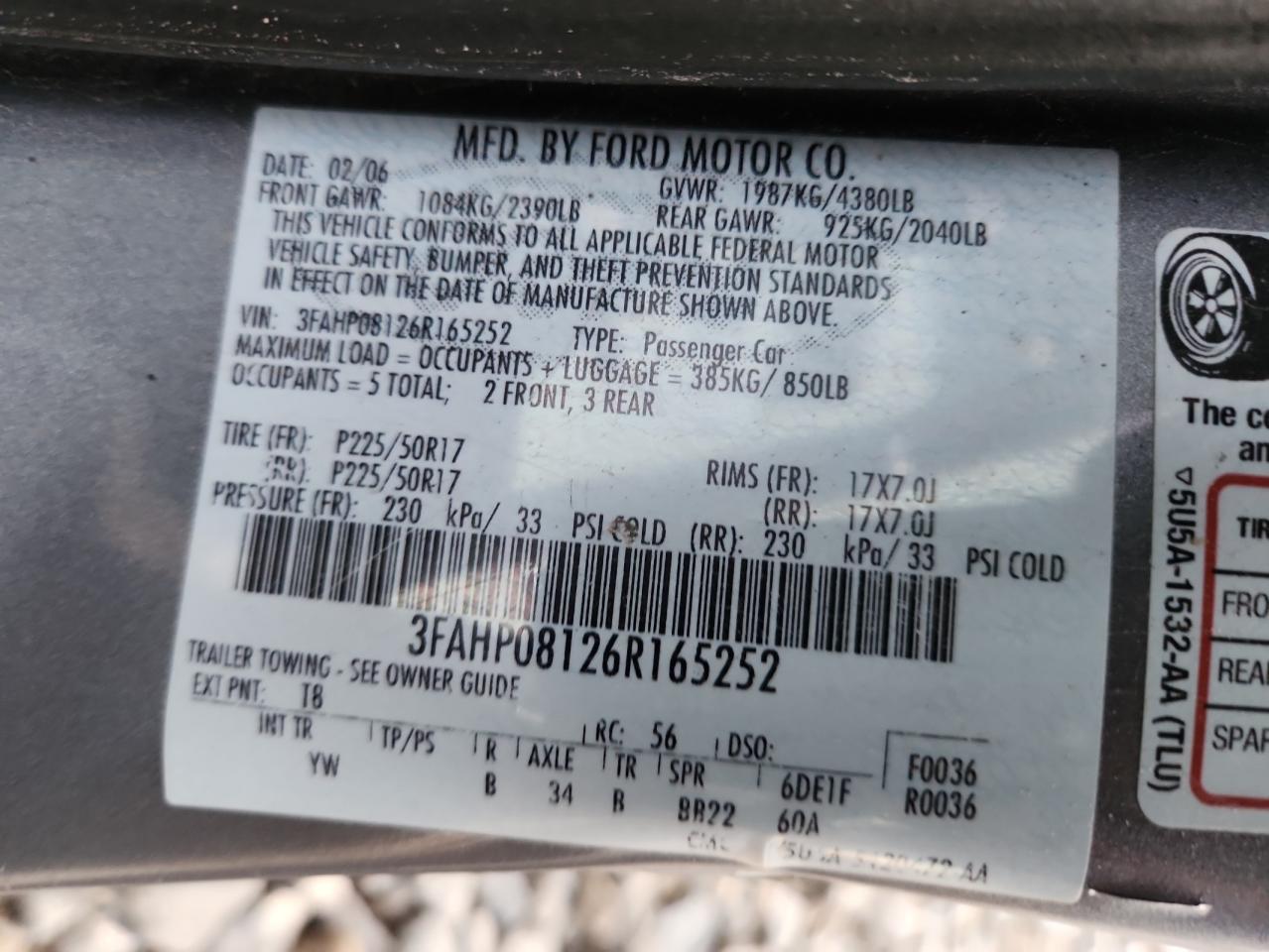 2006 Ford Fusion Sel VIN: 3FAHP08126R165252 Lot: 87073695