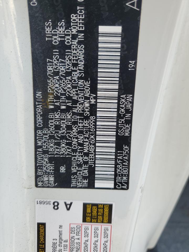 2013 Toyota Fj Cruiser VIN: JTEBU4BF6DK169998 Lot: 90899815