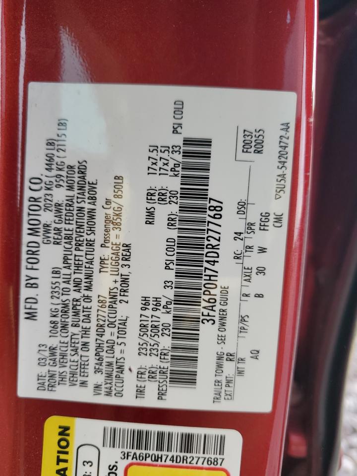 2013 Ford Fusion Se VIN: 3FA6P0H74DR277687 Lot: 89924775