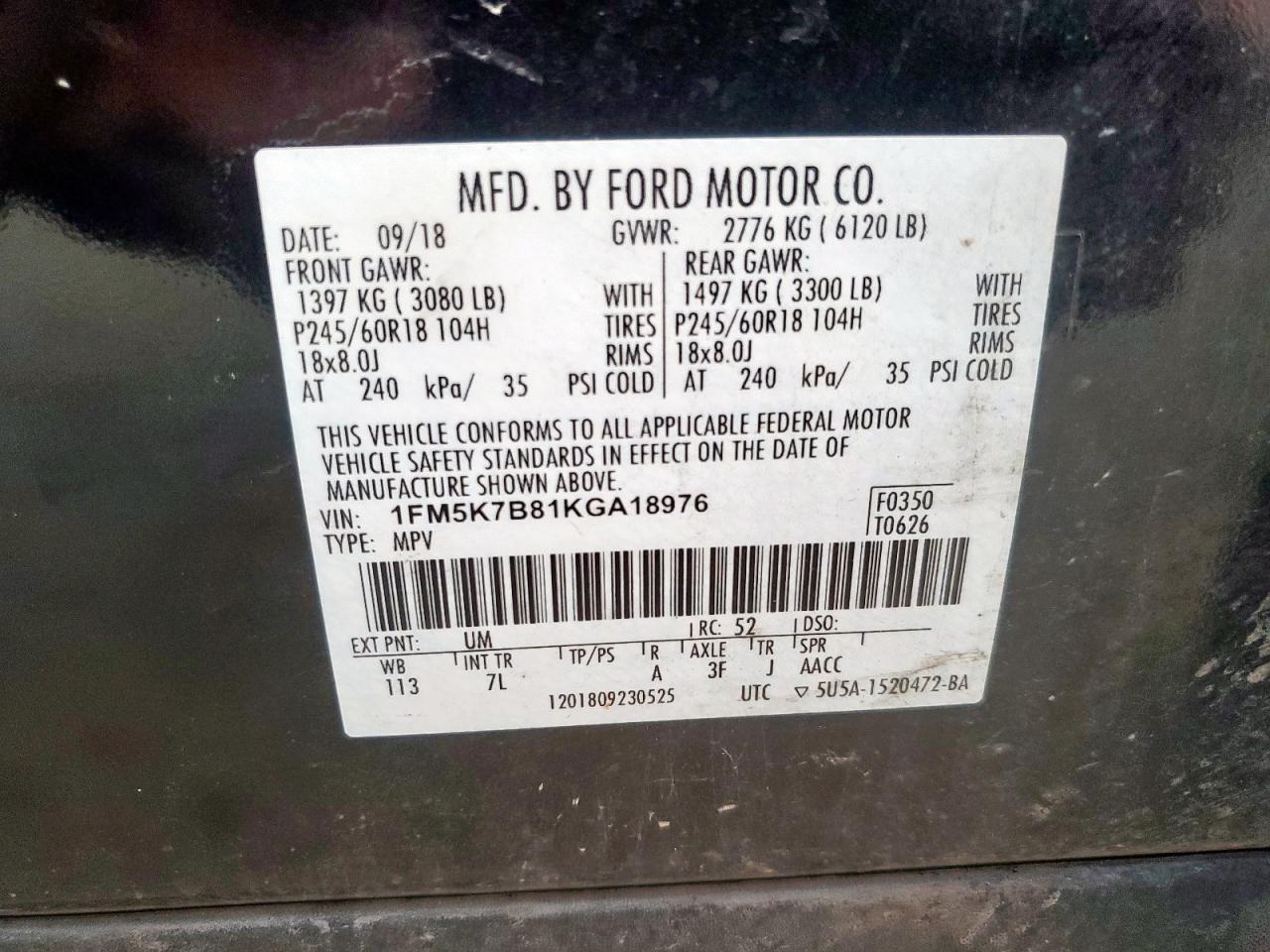 2019 Ford Explorer VIN: 1FM5K7B81KGA18976 Lot: 85287595