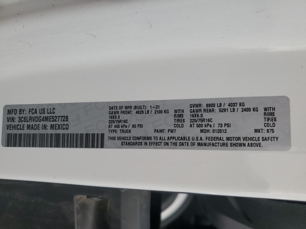 2021 Ram Promaster 2500 2500 High VIN: 3C6LRVDG4ME527728 Lot: 82406785