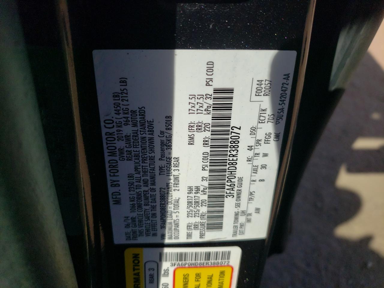 2014 Ford Fusion Se VIN: 3FA6P0HD8ER388072 Lot: 84970095